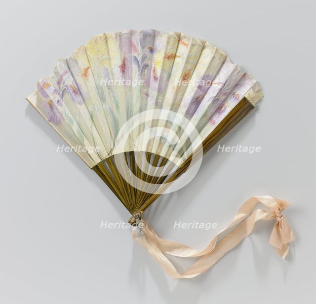 Folding silk fan painted with yellow and mauve irises, 1911.  Creator: C.D. le Lorrain.