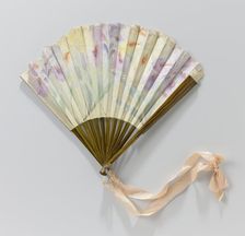 Folding silk fan painted with yellow and mauve irises, 1911. Creator: C.D. le Lorrain