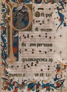 Folio from an Antiphonary with Initial P Containing The Ascension of Christ c1365. Creator: Niccolo di Giacomo da Bologna