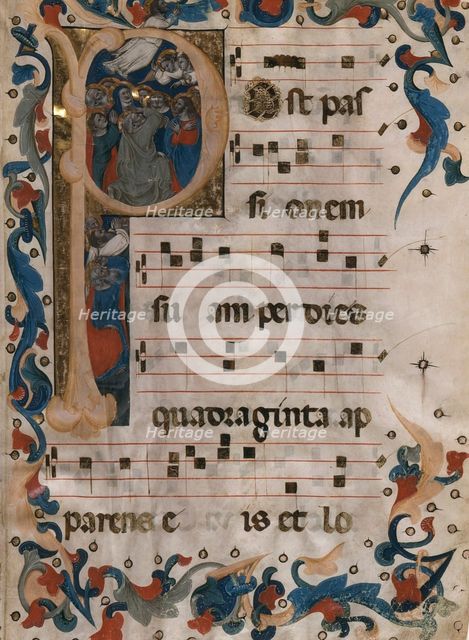 Folio from an Antiphonary with Initial P Containing 'The Ascension of Christ', c1365. Creator: Niccolo di Giacomo da Bologna.