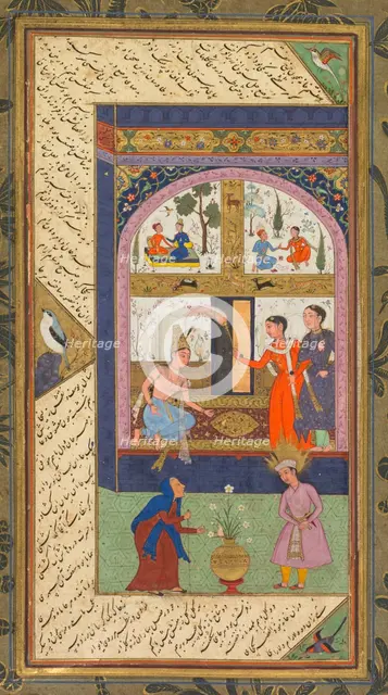 Folios A and B from the "Five Treasures" (Panj Ganj) of Jami, 1520-1607. Creator: Mushfiq (Indian); others (Indian), and.