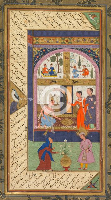 Folios A and B from the "Five Treasures" (Panj Ganj) of Jami, 1520-1607. Creator: Mushfiq (Indian); others (Indian), and.