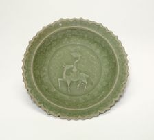 Foliate Dish with Crane and Deer Amid Clouds, Yuan dynasty (1279-1368), late 13th century. Creator: Unknown