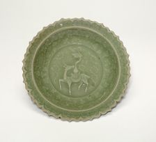 Foliate Dish with Crane and Deer Amid Clouds, Yuan dynasty (1279-1368), late 13th century. Creator: Unknown