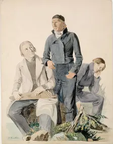 Folk Poets Olli Kymäläinen, Pietari Makkonen and Antti Puhakka, illustration for..., 1845. Creator: Johan Knutson