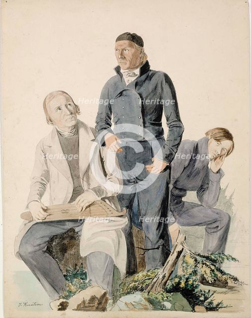Folk Poets Olli Kymäläinen, Pietari Makkonen and Antti Puhakka, illustration for..., 1845. Creator: Johan Knutson.