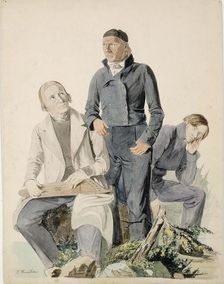 Folk Poets Olli Kymäläinen, Pietari Makkonen and Antti Puhakka, illustration for..., 1845. Creator: Johan Knutson