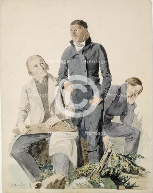 Folk Poets Olli Kymäläinen, Pietari Makkonen and Antti Puhakka, illustration for..., 1845. Creator: Johan Knutson.