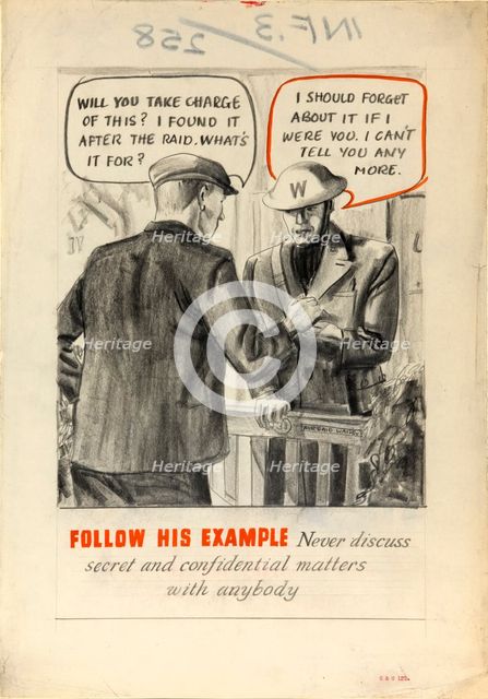 'Follow his example. Never discuss secret and confidential..., WWII poster, between 1939 and 1946. Creators: Central Office of Information, Unknown.