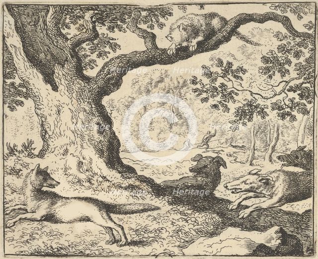 Following Renard's False Story, His Father Is Chased by Hunting Dogs from Hendrick van ..., 1650-75. Creator: Allart van Everdingen.