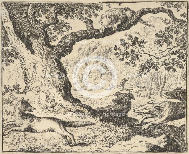 Following Renard's False Story, His Father Is Chased by Hunting Dogs from Hendrick van ..., 1650-75. Creator: Allart van Everdingen.