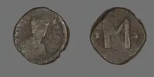 Follis (Coin) Portraying the Emperor Justin I or Justinian I, 6th century. Creator: Unknown