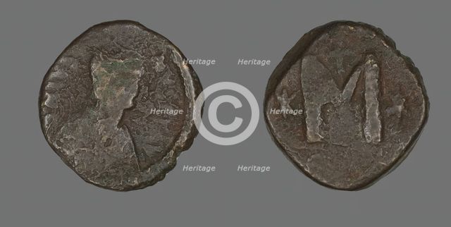 Follis (Coin) Portraying the Emperor Justin I or Justinian I, 6th century. Creator: Unknown.
