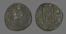 Follis (Coin) Portraying the Emperor Justinian I, 538-539. Creator: Unknown