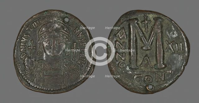 Follis (Coin) Portraying the Emperor Justinian I, 538-539. Creator: Unknown.
