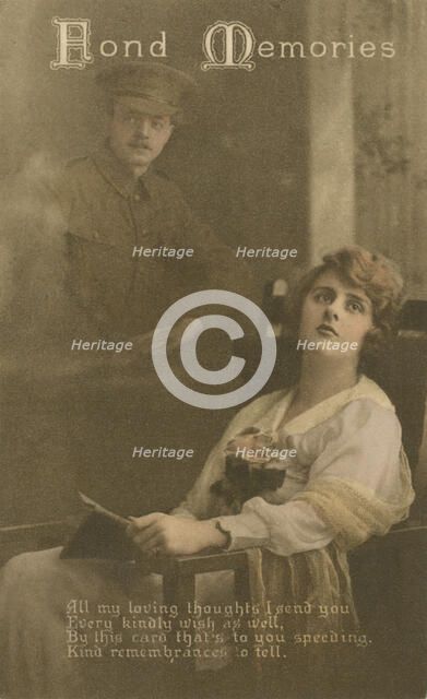 'Fond Memories', romantic postcard sent from a soldier to his sweetheart. Artist: Unknown
