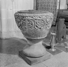 Font in St Nicholas Church, Fowey, Cornwall, 1945. Artist: Eric de Maré