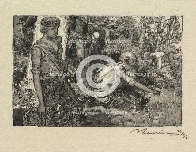 Fontainebleau Forest: Gatherine Lily-of-the-Valley (La Forêt de Fontainebleau...), 1890. Creator: Auguste Louis Lepère (French, 1849-1918); A. Desmoulins, Published in Revue Illustrée, 1887-90.