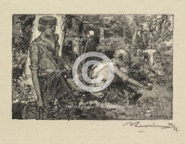 Fontainebleau Forest: Gatherine Lily-of-the-Valley (La Forêt de Fontainebleau...), 1890. Creator: Auguste Louis Lepère (French, 1849-1918); A. Desmoulins, Published in Revue Illustrée, 1887-90.