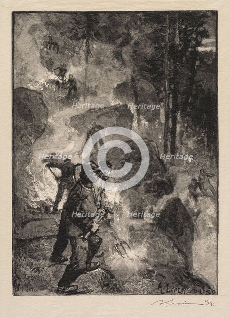 Fontainebleau Forest: Fern Burners (La Forêt de Fontainebleau: Les brûleurs de fougères), 1890. Creator: Auguste Louis Lepère (French, 1849-1918); A. Desmoulins, Published in Revue Illustrée, 1887-90.