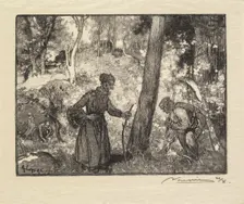 Fontainebleau Forest: Mushroom Hunters at the Rocher Bernard (La Forêt de Fontainebleau..., 1890. Creator: Auguste Louis Lepère (French, 1849-1918); A. Desmoulins, Published in Revue Illustrée, 1887-90