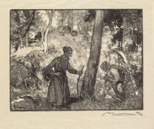 Fontainebleau Forest: Mushroom Hunters at the Rocher Bernard (La Forêt de Fontainebleau..., 1890. Creator: Auguste Louis Lepère (French, 1849-1918); A. Desmoulins, Published in Revue Illustrée, 1887-90