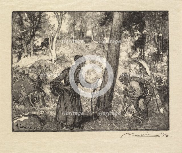 Fontainebleau Forest: Mushroom Hunters at the Rocher Bernard (La Forêt de Fontainebleau..., 1890. Creator: Auguste Louis Lepère (French, 1849-1918); A. Desmoulins, Published in Revue Illustrée, 1887-90.