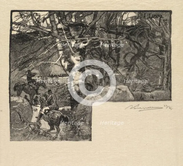 Fontainebleau Forest: Ride to the Hounds at Mont-Gérard (La Forêt de Fontainebleau…), 1890. Creator: Auguste Louis Lepère (French, 1849-1918); A. Desmoulins, Published in Revue Illustrée, 1887-90.