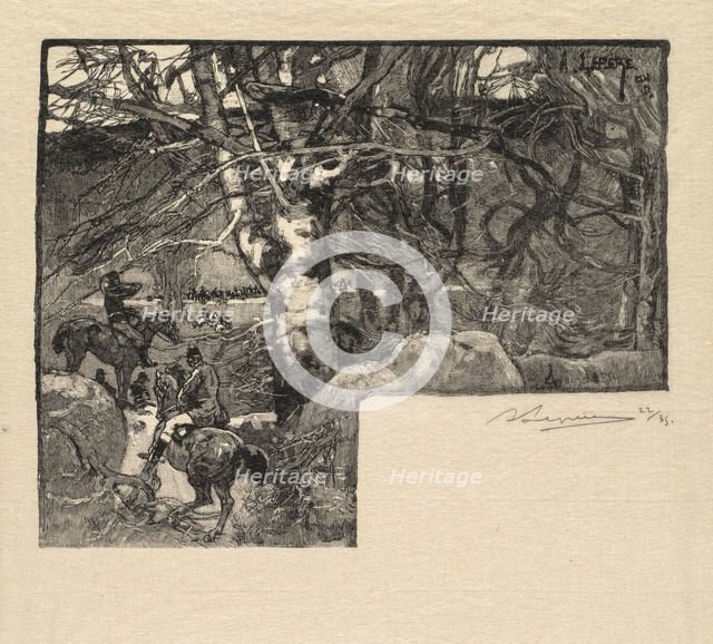Fontainebleau Forest: Ride to the Hounds at Mont-Gérard (La Forêt de Fontainebleau…), 1890. Creator: Auguste Louis Lepère (French, 1849-1918); A. Desmoulins, Published in Revue Illustrée, 1887-90.