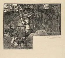 Fontainebleau Forest: Ride to the Hounds at Mont-Gérard (La Forêt de Fontainebleau…), 1890. Creator: Auguste Louis Lepère (French, 1849-1918); A. Desmoulins, Published in Revue Illustrée, 1887-90