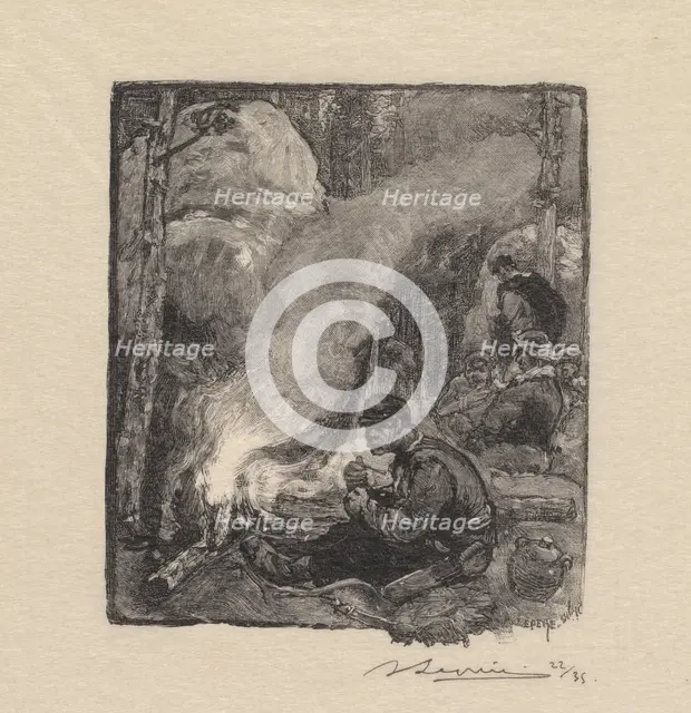 Fontainebleau Forest: Woodcutters Meal (La Forêt de Fontainebleau: Le repas des Bûcherons), 1890. Creator: Auguste Louis Lepère (French, 1849-1918); A. Desmoulins, Published in Revue Illustrée, 1887-90.
