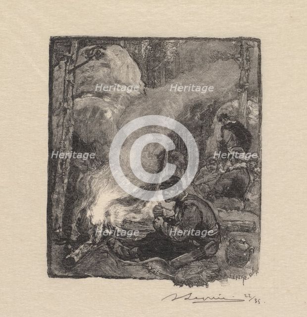 Fontainebleau Forest: Woodcutters Meal (La Forêt de Fontainebleau: Le repas des Bûcherons), 1890. Creator: Auguste Louis Lepère (French, 1849-1918); A. Desmoulins, Published in Revue Illustrée, 1887-90.