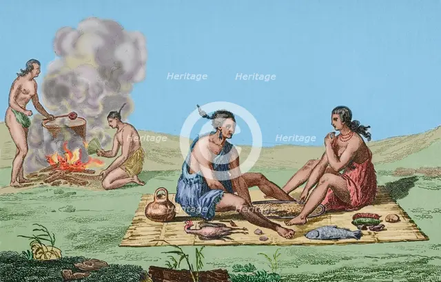 Food and meal preparation, Seminoles Indians, Florida, 16th century French expedition, (1837) (1850) Creator: Unknown.