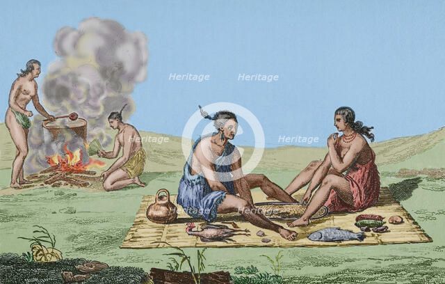 Food and meal preparation, Seminoles Indians, Florida, 16th century French expedition, (1837) (1850) Creator: Unknown.