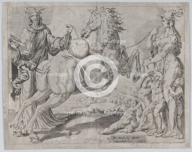 Foolish Knowledge and Foolish Love Trying to Restrain the World, from The Unrestrained Wor..., 1550. Creator: Dirck Volkertsen Coornhert.