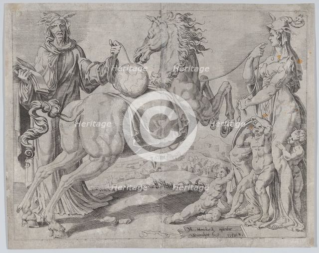 Foolish Knowledge and Foolish Love Trying to Restrain the World, from The Unrestrained Wor..., 1550. Creator: Dirck Volkertsen Coornhert.