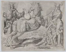 Foolish Knowledge and Foolish Love Trying to Restrain the World, from The Unrestrained Wor..., 1550. Creator: Dirck Volkertsen Coornhert
