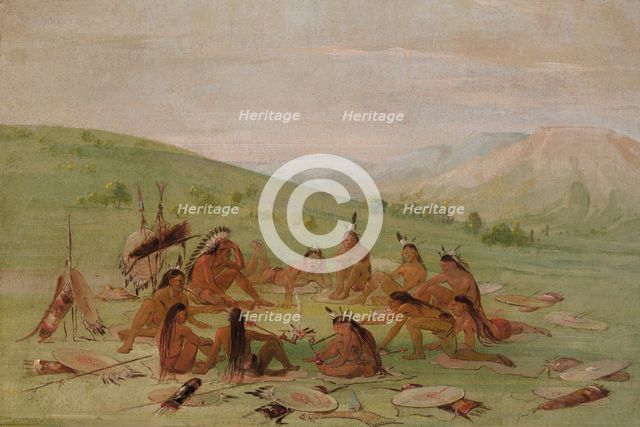Foot War Party in Council, Mandan, 1835-1837. Creator: George Catlin.