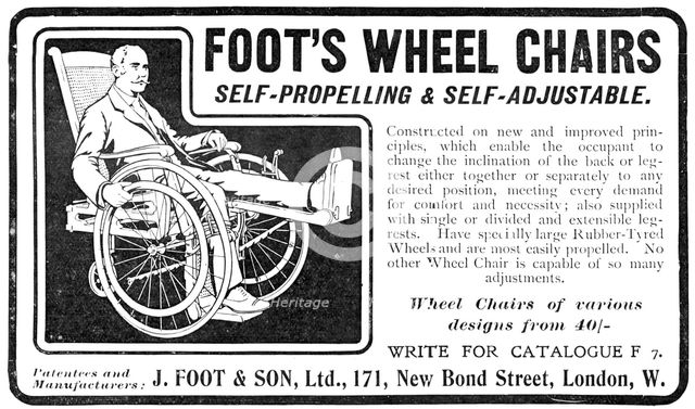 Foot's wheel chairs - self-propelling and self-adjustable, 1909. Creator: Unknown.