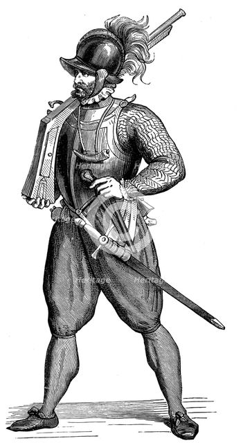 Foot soldier carrying an harquebus, 1590. Artist: Unknown
