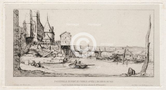 Footbridge Temporarily Replacing the Exchange Bridge,Paris, after the fire of 1621, 1860. Creator: Charles Meryon (French, 1821-1868).