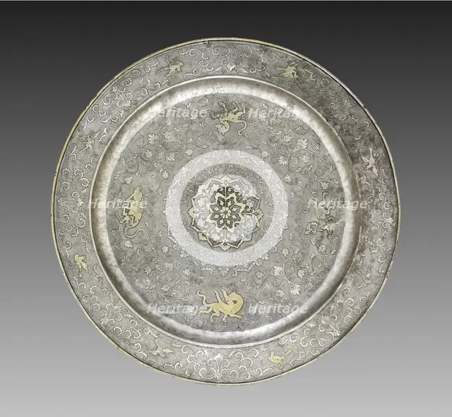 Footed Platter with Design of Mythical Beasts amid Grapevines, 700s. Creator: Unknown.