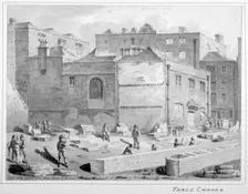 Footing for Southwark Bridge by the Union Warehouse, Upper Thames Street, City of London, 1818. Artist: Robert Blemmell Schnebbelie