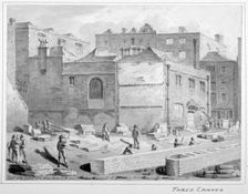 Footing for Southwark Bridge by the Union Warehouse, Upper Thames Street, City of London, 1818. Artist: Robert Blemmell Schnebbelie