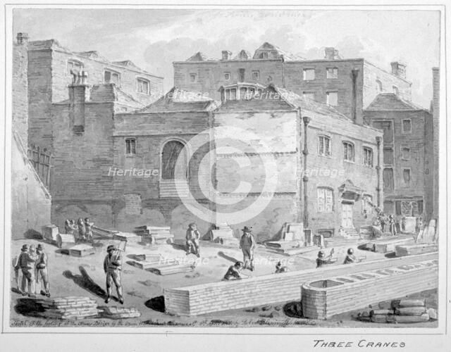 Footing for Southwark Bridge by the Union Warehouse, Upper Thames Street, City of London, 1818.      Artist: Robert Blemmell Schnebbelie