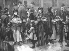 '"For The Patients"; Flower-Girls outside the University Hospital on a visiting day 1890. Creator: Charles Joseph Staniland