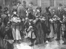 '"For The Patients"; Flower-Girls outside the University Hospital on a visiting day 1890. Creator: Charles Joseph Staniland