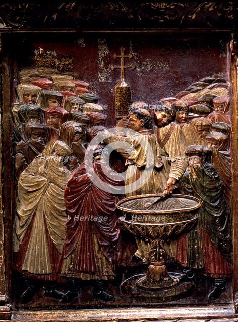 Forced Baptism of Arab women, after the taking of Granada', attic with wooden relieves in the mai…