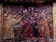 Forced baptism of Muslims in 1502, after the fall of Granada attic with wooden relieves in the …