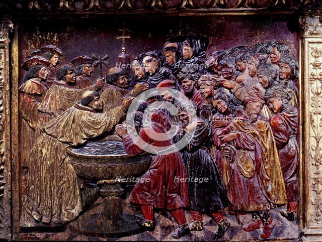 Forced baptism of Muslims in 1502, after the fall of Granada', attic with wooden relieves in the …